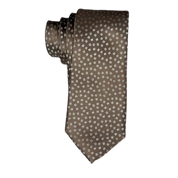 Michael Kors Mens Brown Tan Geometric 100% Silk Necktie Business Work - Picture 1 of 11